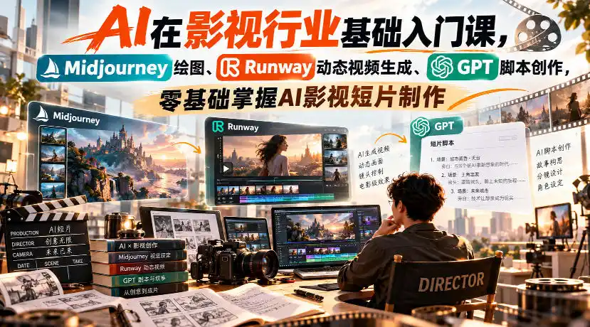 【无水印】AI在影视行业基础入门课,Midjourney绘图、Runway动态视频生成、GPT脚本创作,零基础掌握AI影视短片制作-三禾网络