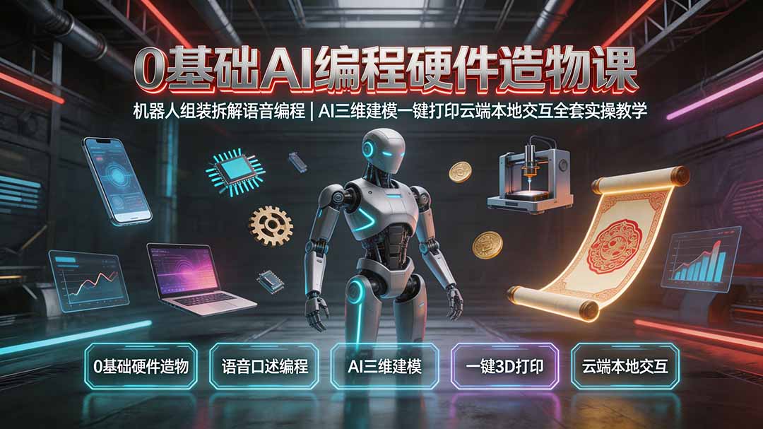 0基础AI编程硬件造物课｜机器人组装拆解语音编程，AI三维建模一键打印云端本地交互全套实操教学-三禾网络