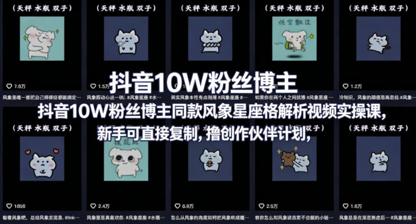 抖音10W粉丝博主同款星座性格解析视频实操课，新手可直接复制，撸创作伙伴计划，分成计划等-三禾网络