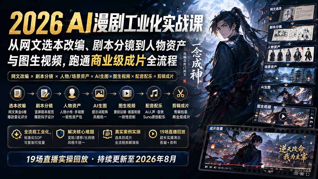 2026 AI漫剧工业化实战课-更新：从网文选本改编、剧本分镜到人物资产与图生视频，跑通商业级成片全流程-三禾网络