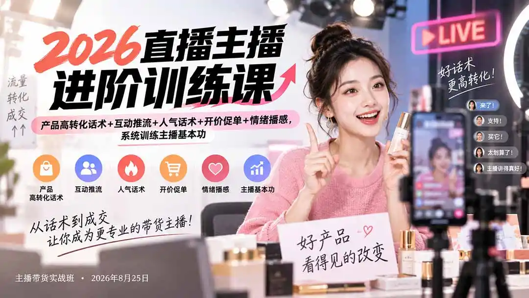 2026直播主播进阶训练课：产品高转化话术+互动推流+人气话术+开价促单+情绪播感，系统训练主播基本功-三禾网络