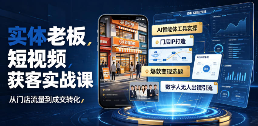 实体老板短视频获客实战课｜AI智能体工具全套实操、门店IP打造、爆款变现选题、数字人无人出镜引流完整教程-三禾网络