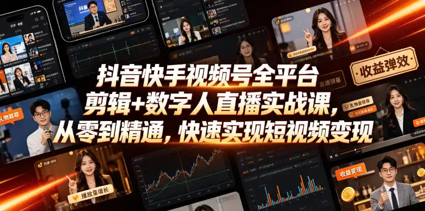 抖音快手视频号全平台剪辑+数字人直播实战课，从零到精通，快速实现短视频变现(更新2026年10月)-三禾网络