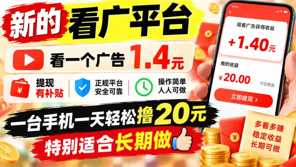 一个新的看广平台，看一个广告1.4元，提现有补贴,一台手机一天轻松撸20+，特别适合长期做【揭秘】-三禾网络