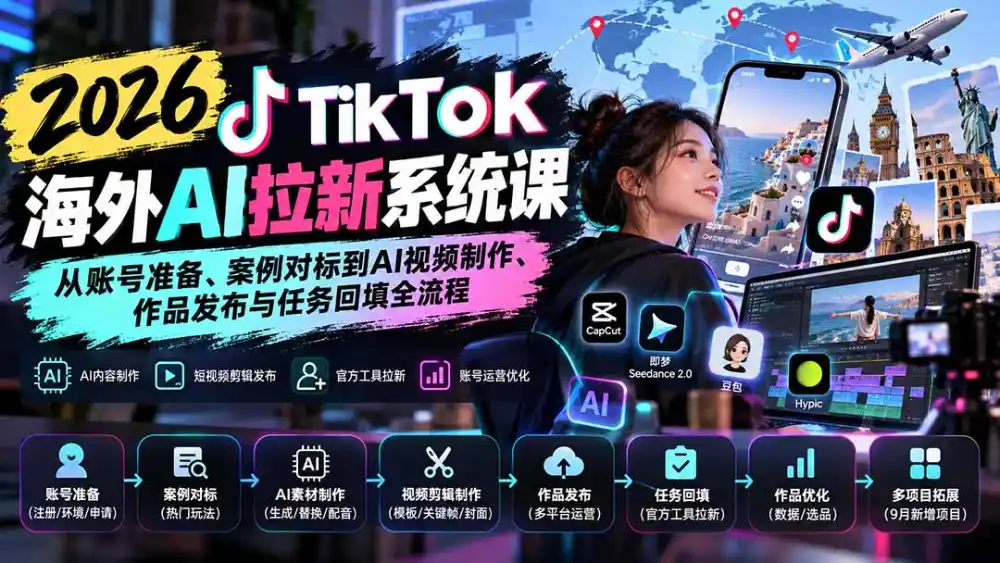 【无水印】2026 TikTok海外AI拉新系统课：从账号准备、案例对标到AI视频制作、作品发布与任务回填全流程-三禾网络