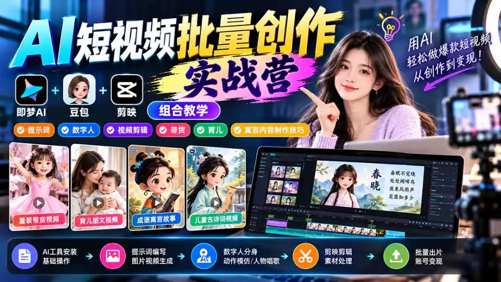 【无水印】AI短视频批量创作实战营：即梦+豆包+剪映组合教学，提示词/数字人/视频剪辑/带货/育儿/寓言内容制作技巧-三禾网络