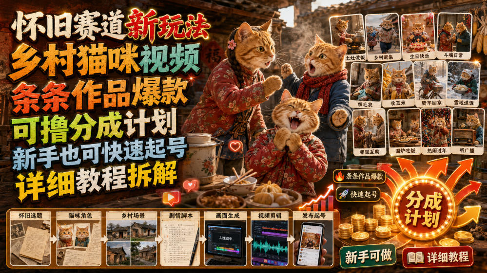 怀旧赛道新玩法，乡村猫咪视频，条条作品爆款，可撸分成计划，新手也可快速起号，详细教程拆解-三禾网络