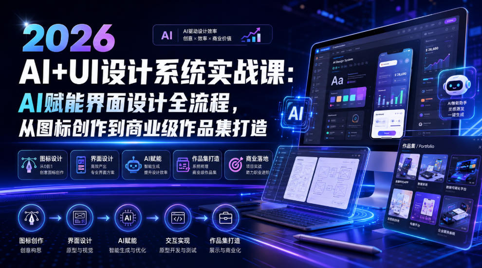 2026 AI+UI设计系统实战课:AI赋能界面设计全流程,从图标创作到商业级作品集打造-三禾网络