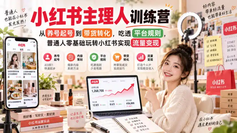 小红书主理人训练营，从养号起号到带货转化，吃透平台规则，普通人零基础玩转小红书实现流量变现-三禾网络
