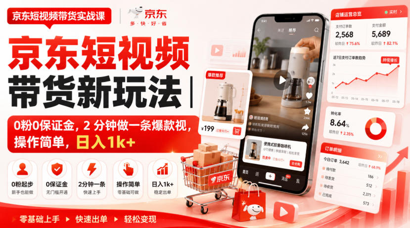 京东短视频带货新玩法｜0粉0保证金，2分钟做一条爆款视，操作简单，日入1k+【揭秘】-三禾网络