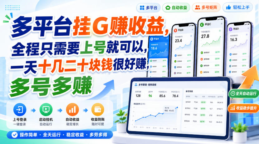 多平台挂G賺收益，全程只需要上号就可以，一天十几二十块钱很好賺，多号多賺【揭秘】-三禾网络