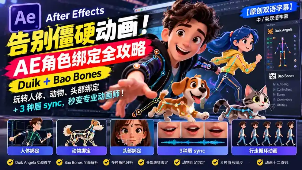 【无水印】告别僵硬动画！AE 角色绑定全攻略：Duik+Bao Bones玩转人体/动物/头部绑定+3种唇sync，秒变专业动画师-三禾网络