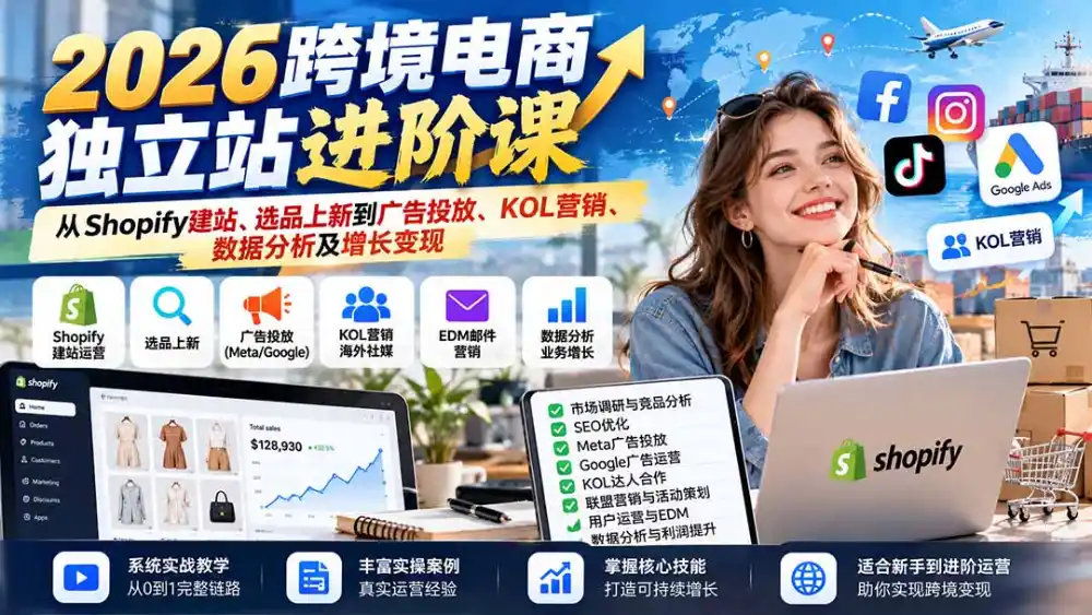 2026跨境电商独立站进阶课：从Shopify建站、选品上新到广告投放、KOL营销、数据分析及增长变现-三禾网络