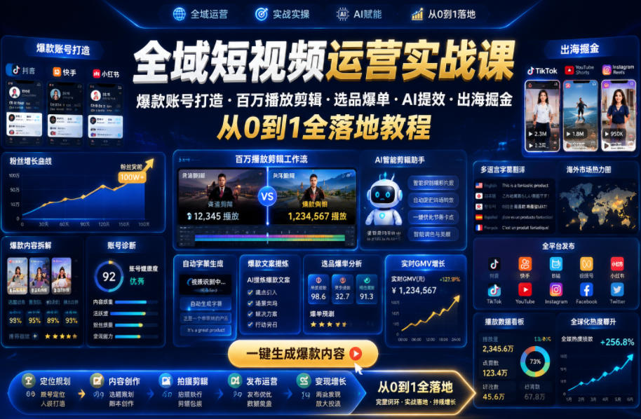 全域短视频运营实战课，爆款账号打造・百万播放剪辑・选品爆单・AI提效・出海掘金，从0到1全落地教程-三禾网络