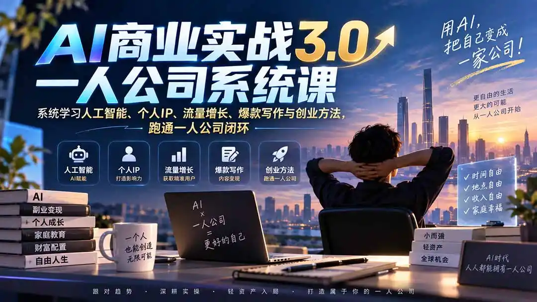 AI商业实战3.0一人公司系统课：系统学习人工智能、个人IP、流量增长、爆款写作与创业方法，跑通一人公司闭环-三禾网络