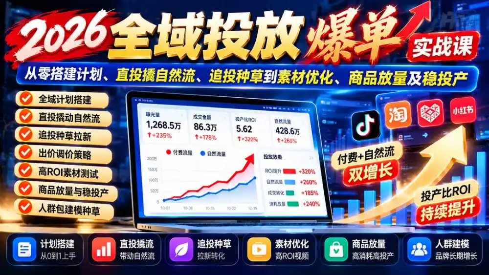 2026全域投放爆单实战课：从零搭建计划、直投撬自然流、追投种草到素材优化、商品放量及稳投产-三禾网络