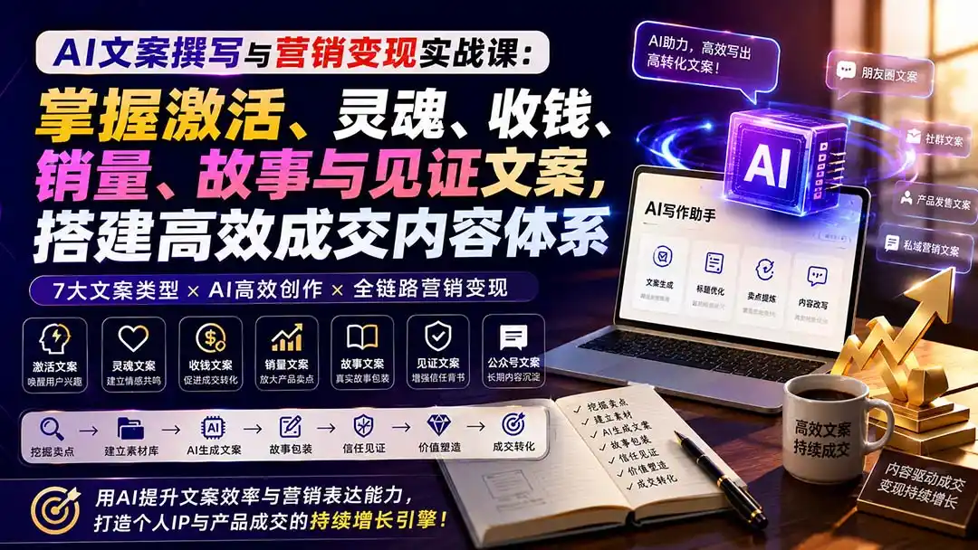 AI文案撰写与营销变现实战课：掌握激活、灵魂、收钱、销量、故事与见证文案，搭建高效成交内容体系-三禾网络