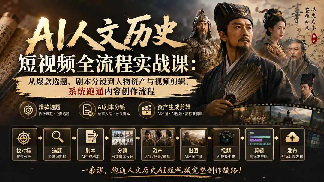 AI人文历史短视频全流程实战课-更新：从爆款选题、剧本分镜到人物资产与视频剪辑，系统跑通内容创作流程-三禾网络