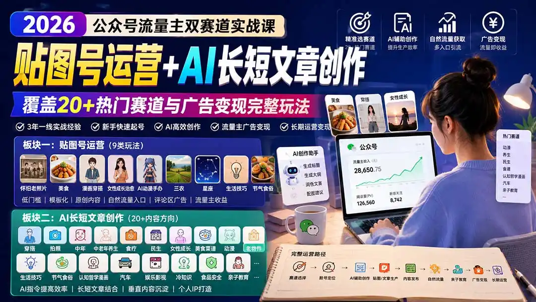 公众号流量主双赛道实战课：贴图号运营+AI长短文章创作，覆盖20+热门赛道与广告变现完整玩法-三禾网络