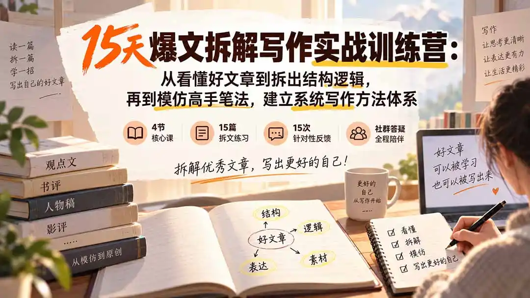 15天爆文拆解写作实战训练营:从看懂好文章到拆出结构逻辑,再到模仿高手笔法,建立系统写作方法体系 15天爆文拆解写作实战训练营:从看懂好文章到拆出结构逻辑,再到模仿高手笔法,建立系统写作方法体系