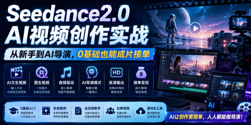 Seedance2.0 AI视频创作实战，从新手到AI导演，0基础也能成片接单变现-三禾网络