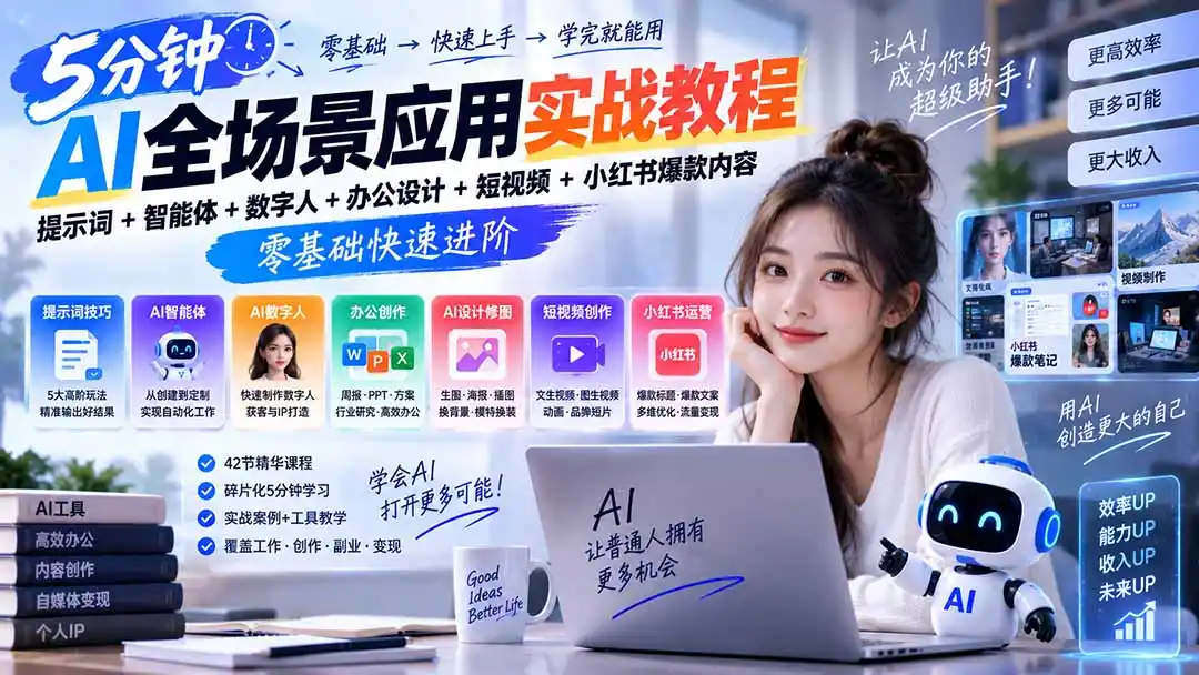 AI全场景应用实战教程｜提示词+智能体+数字人+办公设计+短视频+小红书爆款内容，零基础快速进阶-三禾网络