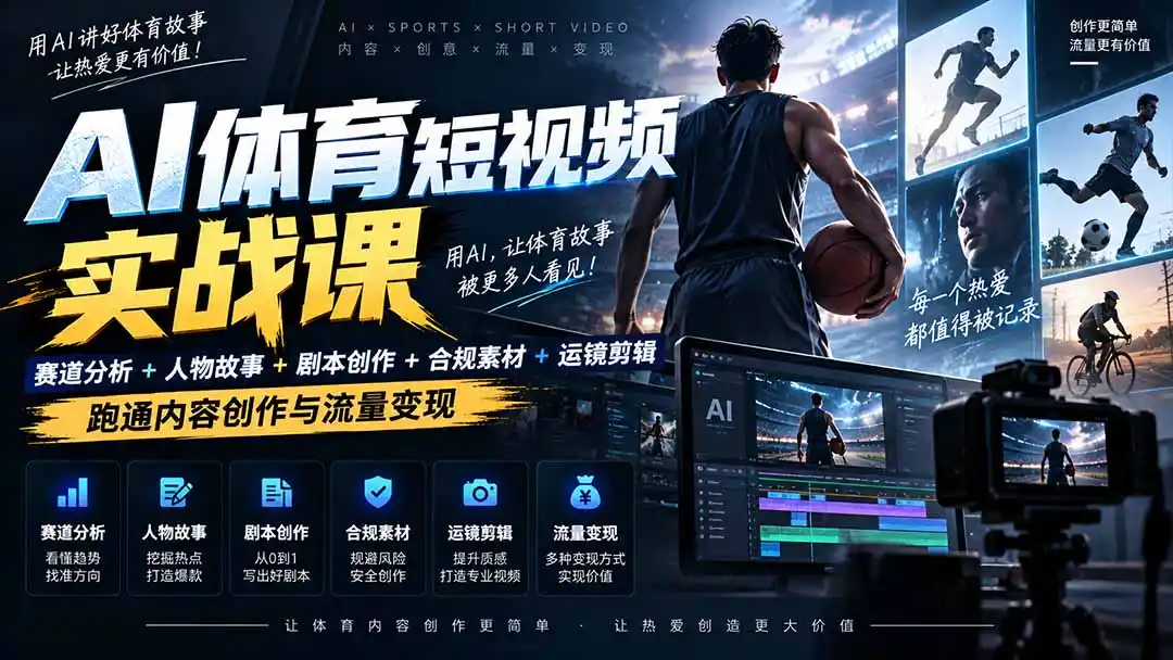 AI体育短视频赛道顶级玩法｜赛道分析+人物故事+剧本创作+版权处理+运镜剪辑，跑通流量变现-日赚1K+-三禾网络