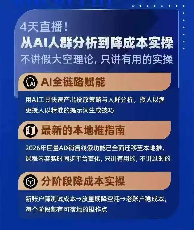 2026巨量AD本地推线索获客全流程实战课-33期：AI人群分析、账户搭建、7天测试、分阶段降本与投放优化-三禾网络