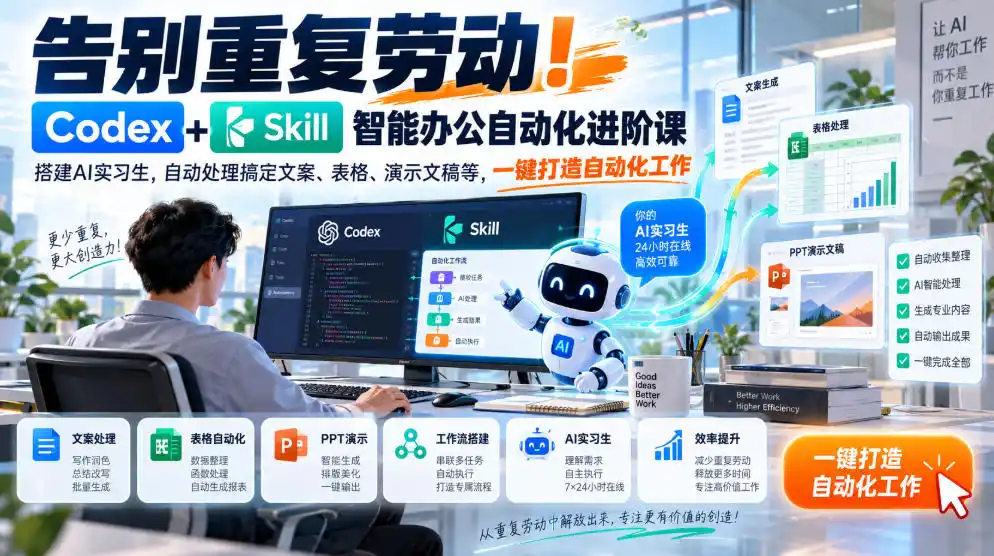 告别重复劳动！Codex+Skill智能办公自动化进阶课｜搭建AI实习生，自动处理搞定文案、表格、演示文稿等，一键打造自动化工作-三禾网络