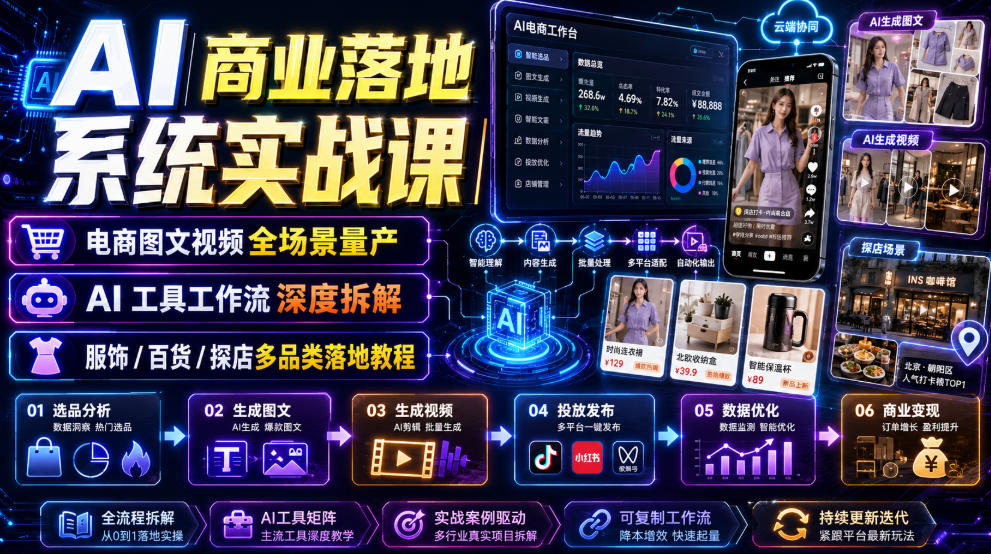 AI商业落地系统实战课｜电商图文视频全场景量产・AI工具工作流深度拆解・服饰/百货/探店多品类落地教程-三禾网络