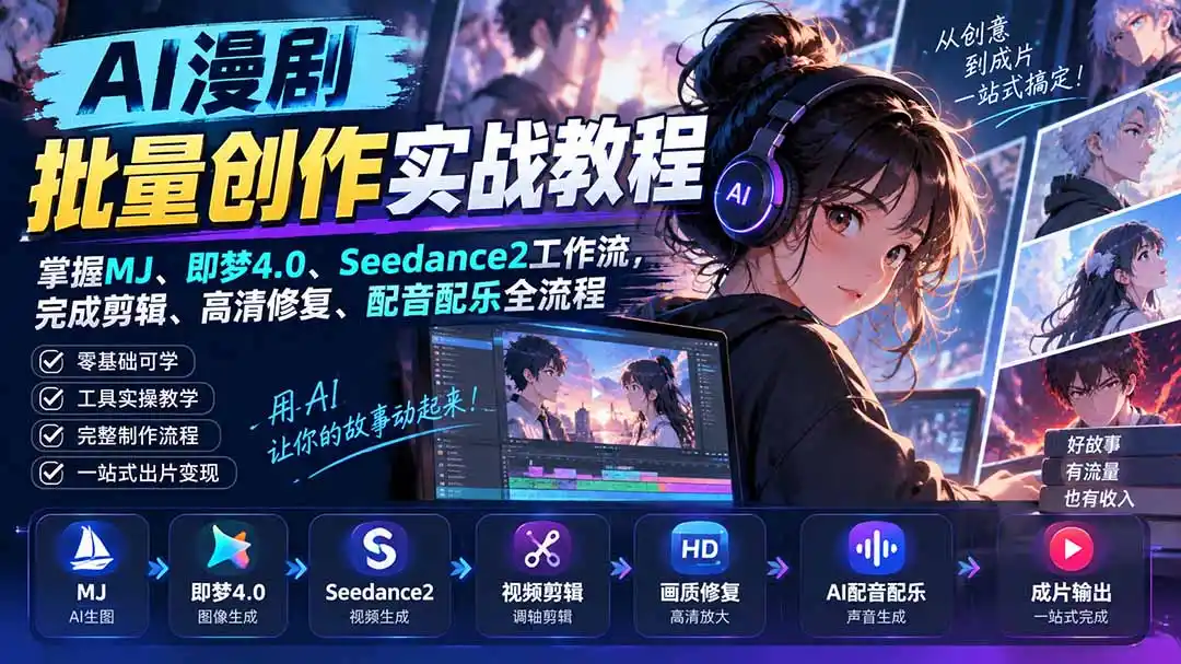 AI漫剧批量创作实战教程：掌握MJ、即梦4.0、Seedance2工作流，完成剪辑、高清修复、配音配乐全流程-三禾网络