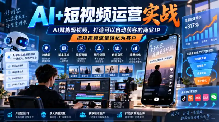 AI+短视频运营实战，AI赋能短视频，打造可以自动获客的商业IP，把短视频流量转化为客户-三禾网络