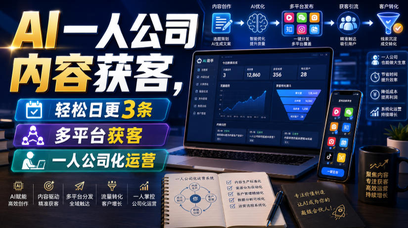 AI一人公司内容获客，轻松日更3条，多平台获客，一人公司化运营-三禾网络