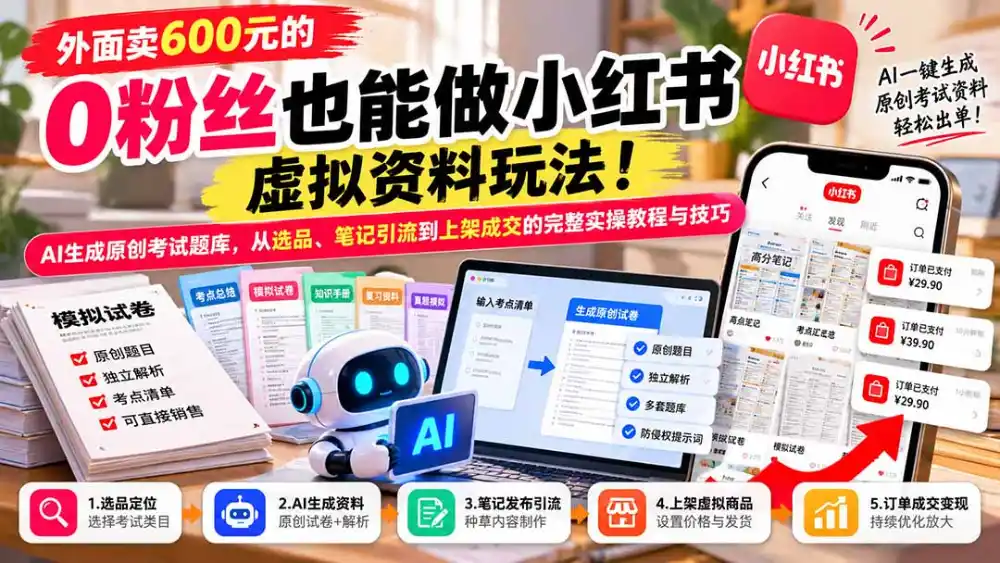 外面卖600元的 零粉丝也能做小红书虚拟资料玩法！AI生成原创考试题库，从选品、笔记引流到上架成交的完整实操教程-三禾网络