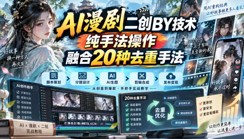 AI漫剧二创搬运技术，纯手法操作，融合20种去重手法-三禾网络