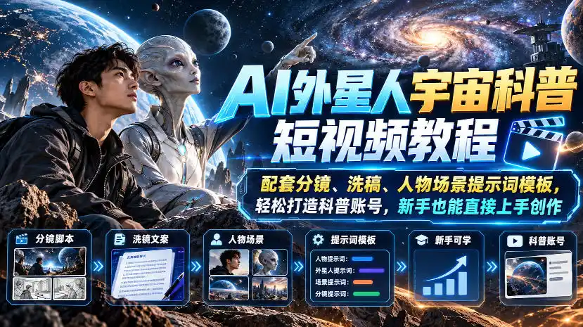 AI外星人宇宙科普短视频教程，配套分镜、洗稿、人物场景提示词模板，轻松打造科普账号，新手也能直接上手创作-三禾网络