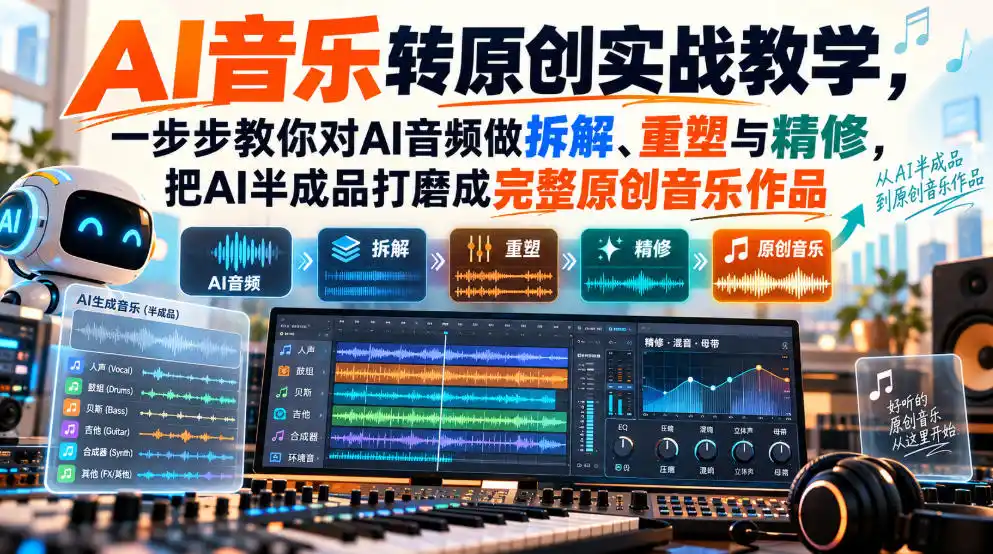 AI音乐转原创实战教学，一步步教你对AI音频做拆解、重塑与精修，把AI半成品打磨成完整原创音乐作品-三禾网络