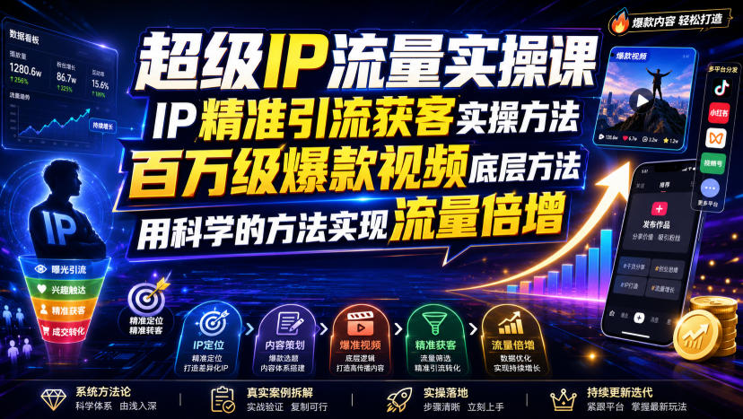 超级IP流量实操课，IP精准引流获客实操方法，百万级爆款视频底层方法，用科学的方法实现流量倍增-三禾网络