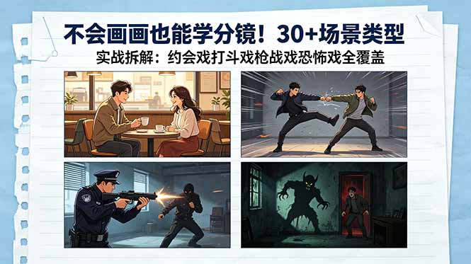 不会画画也能学分镜！30+场景类型实战拆解：约会戏打斗戏枪战戏恐怖戏全覆盖-三禾网络