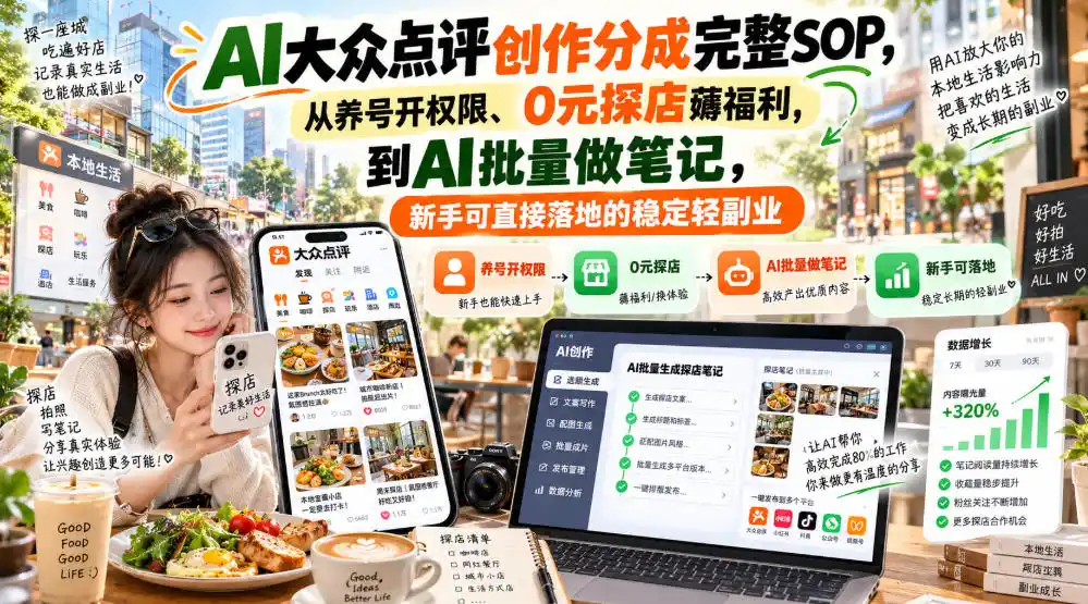 【无水印】AI大众点评创作分成完整SOP,从养号开权限、0元探店薅福利,到AI批量做笔记,新手可直接落地的稳定轻副业-三禾网络