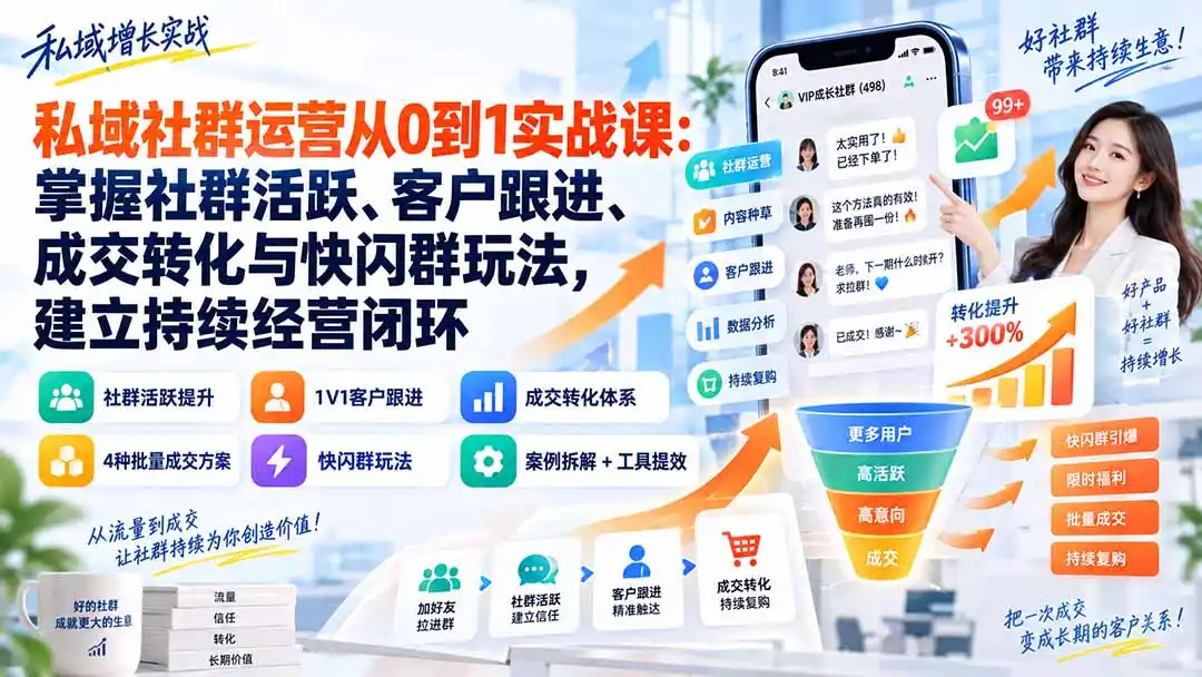 私域社群运营从0到1实战课：掌握社群活跃、客户跟进、成交转化与快闪群玩法，建立持续经营闭环-三禾网络