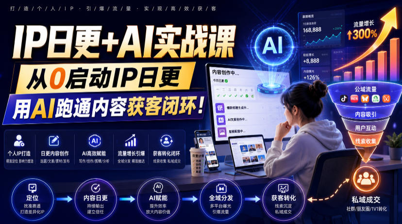 IP日更+AI实战课，从0启动IP日更，IP置顶视频制作+100条选题库搭建+10条日更规划，用AI跑通内容获客闭环!-三禾网络