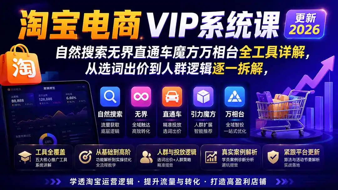 淘宝电商VIP系统课-更新8月；自然搜索无界直通车魔方万相台全工具详解，从选词出价到人群逻辑逐一拆解-三禾网络