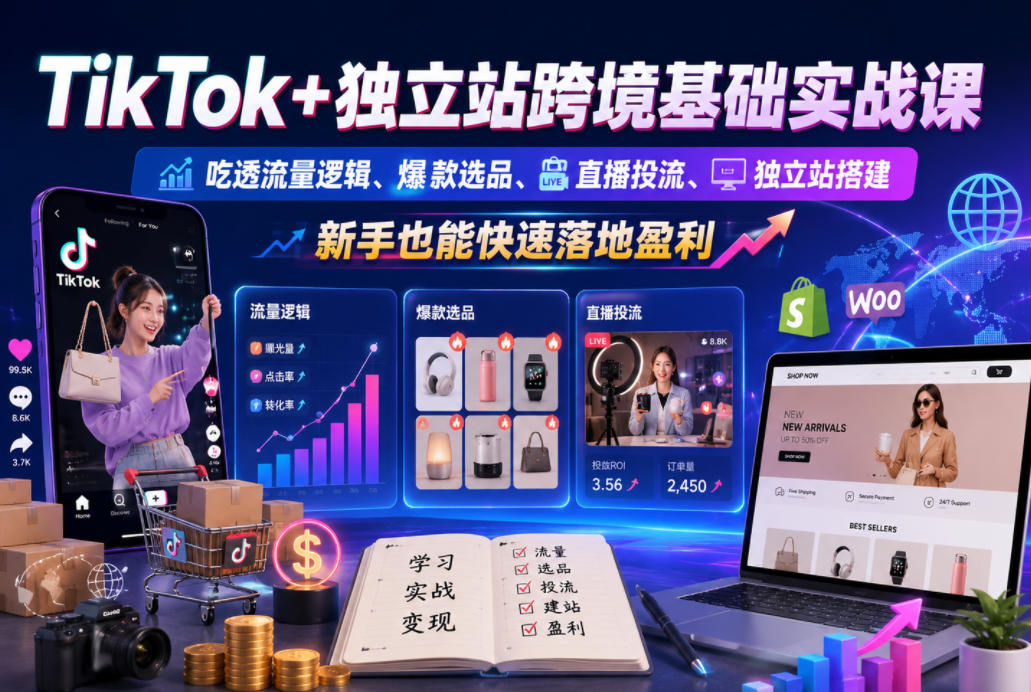 TikTok+独立站跨境基础实战课，吃透流量逻辑、爆款选品、直播投流与独立站搭建，新手也能快速落地盈利-三禾网络