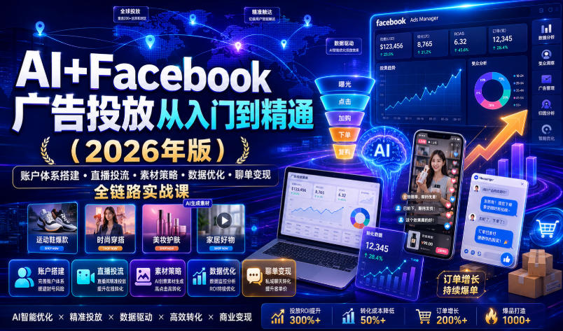 AI+Facebook广告投放从入门到精通(2026年版)｜账户体系搭建・直播投流・素材策略・数据优化・聊单变现全链路实战课-三禾网络