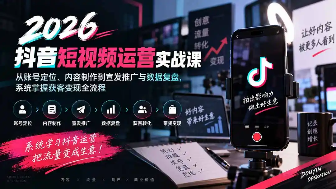 2026抖音短视频运营实战课：从账号定位、内容制作到宣发推广与数据复盘，系统掌握获客变现全流程-三禾网络