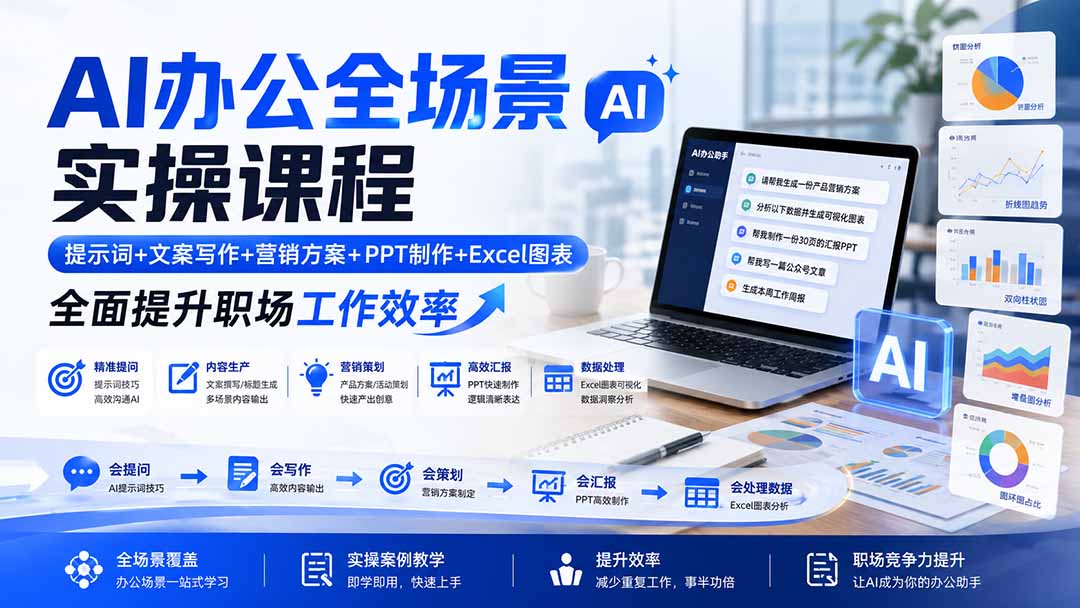 AI办公全场景实操课程：提示词+文案写作+营销方案+PPT制作+Excel图表，全面提升职场工作效率-三禾网络