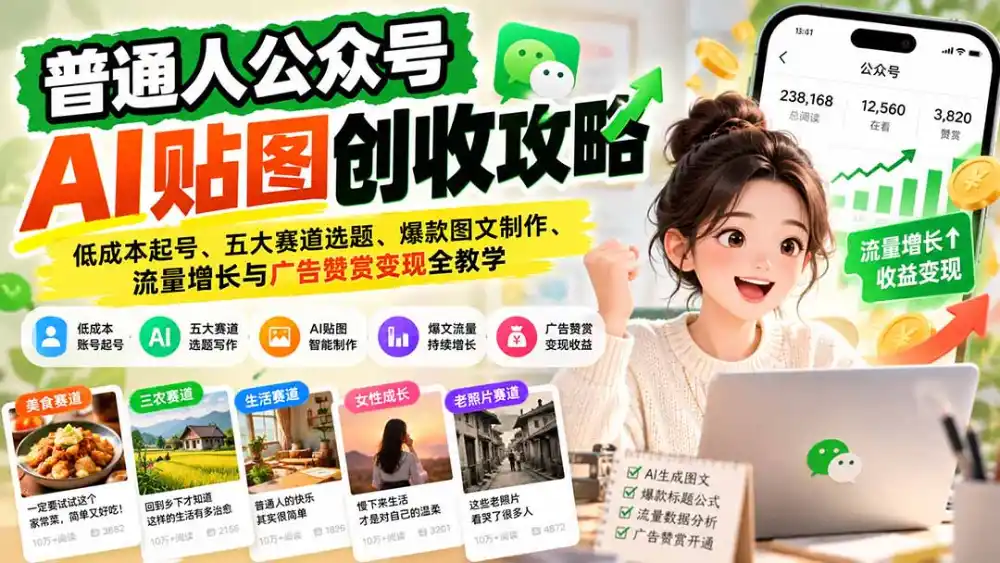 普通人公众号AI贴图创收攻略：低成本起号、五大赛道选题、爆款图文制作、流量增长与广告赞赏变现全教学-三禾网络