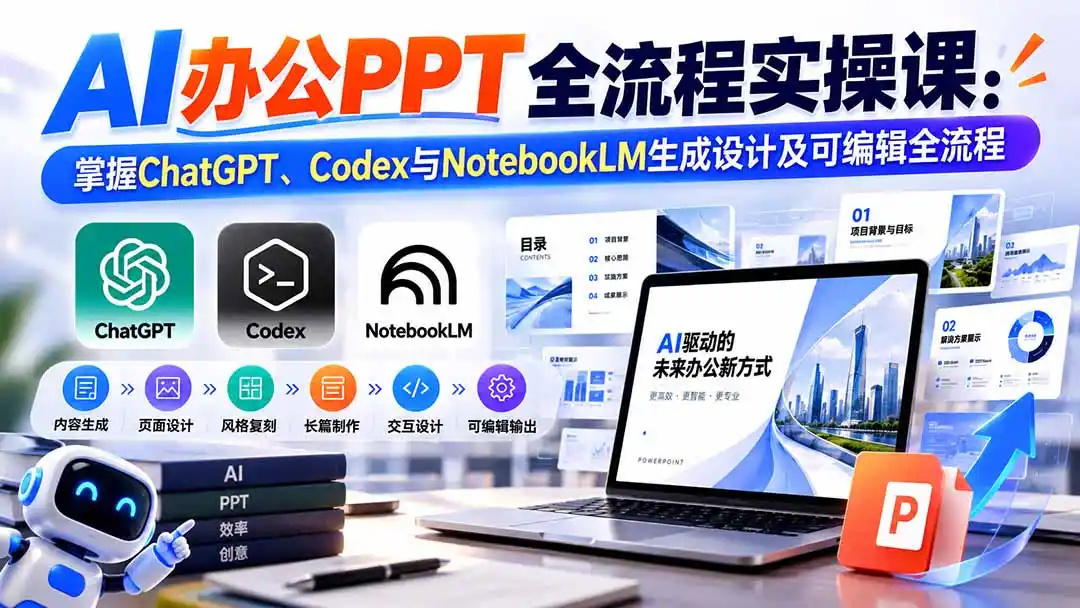 【无水印】AI办公PPT全流程实操课： 掌握ChatGPT、Codex与NotebookLM生成设计及可编辑全流程-三禾网络