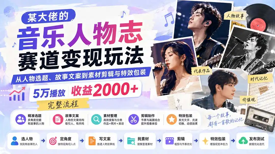某大佬的音乐人物志赛道变现玩法：从人物选题、故事文案到素材剪辑与特效包装，5万播放收益2000+完整流程-三禾网络